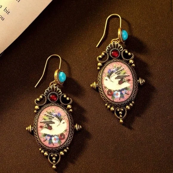 Vintage Style Dove Bird Baroque Earrings Micro Mosaic Style Floral Ornate NEW - Picture 7 of 13